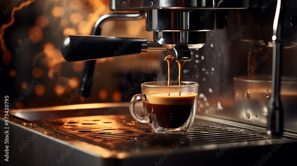 A close-up shot of an espresso machine brewing a fresh cup of coffee, with warm lighting and a slightly blurred background. A close-up shot of an espresso machine brewing a fresh cup of coffee, with warm lighting and a slightly blurred background.