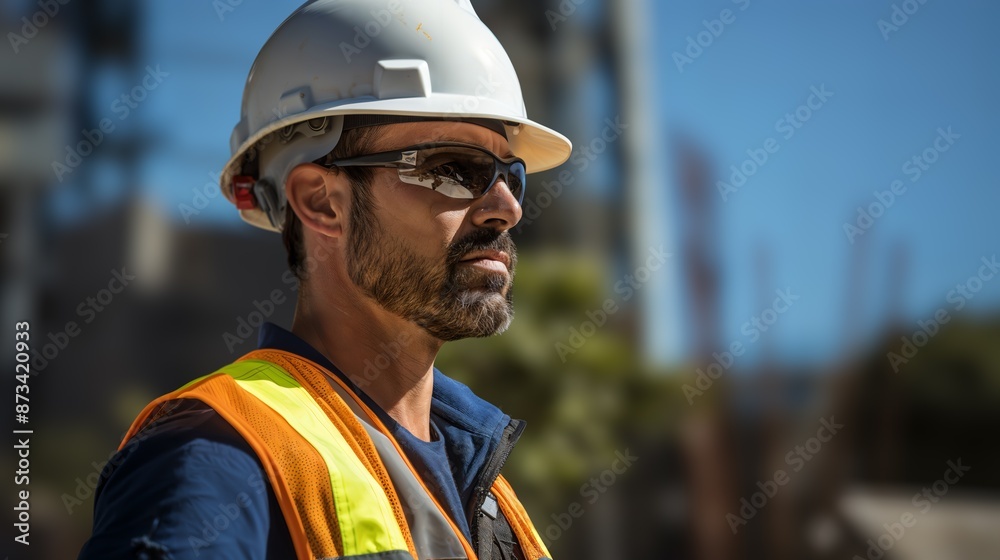 A construction worker with a beard wearing a white helmet, sunglasses, and an orange safety vest stands outdoors on a sunny day. A construction worker with a beard wearing a white helmet, sunglasses, and an orange safety vest stands outdoors on a sunny day.