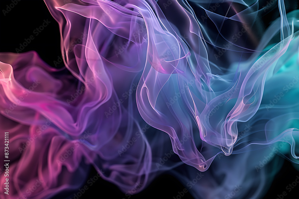 Floating smoke-like shapes in various colors on a black background, creating an ethereal and mesmerizing visual effect.