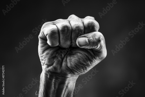 A fist is raised in the air with the thumb pointing down. Concept of strength and determination © vefimov