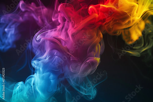 Floating smoke-like shapes in various colors on a black background, creating an ethereal and mesmerizing visual effect.