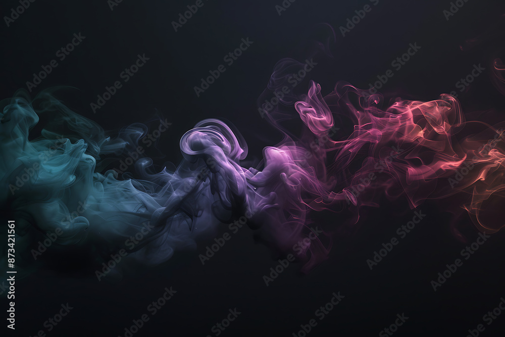 Fototapeta premium Floating smoke-like shapes in various colors on a black background, creating an ethereal and mesmerizing visual effect.