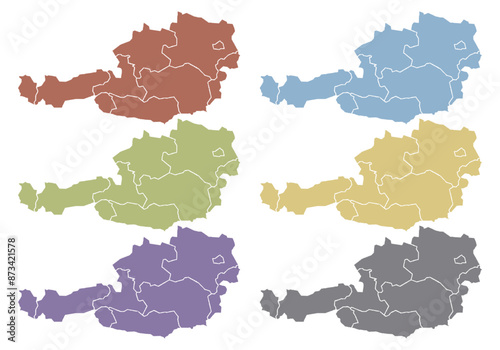 Mapa de Austria rojo, azul, verde, amarillo, morado y gris