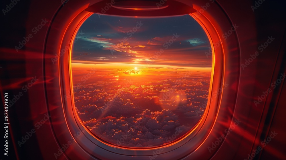 An image of a view of the sun setting through an airplane window, Travel concept An image of a view of the sun setting through an airplane window, Travel concept