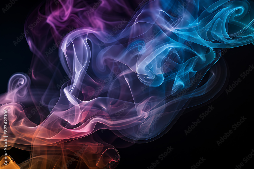 Floating smoke-like shapes in various colors on a black background, creating an ethereal and mesmerizing visual effect. Floating smoke-like shapes in various colors on a black background, creating an ethereal and mesmerizing visual effect.