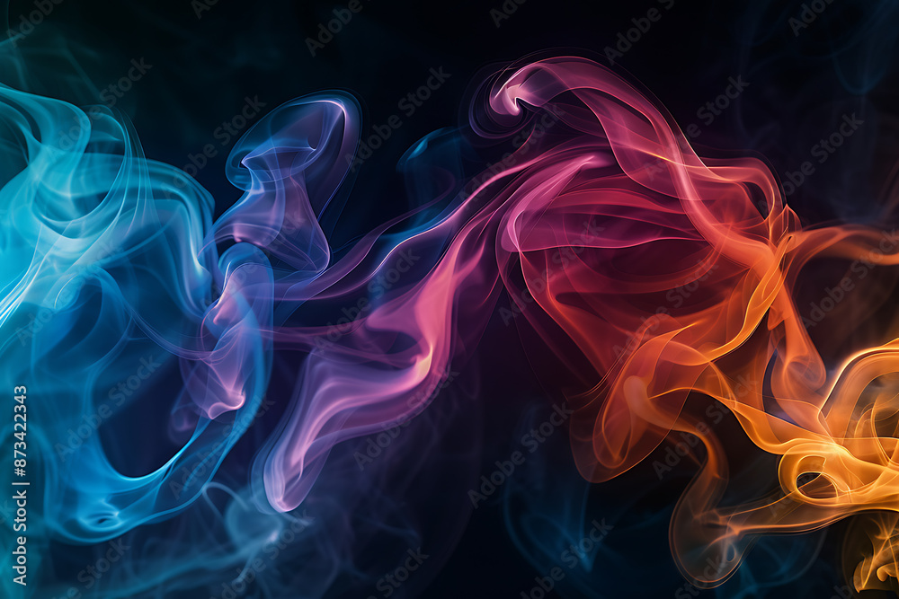 Floating smoke-like shapes in various colors on a black background, creating an ethereal and mesmerizing visual effect. Floating smoke-like shapes in various colors on a black background, creating an ethereal and mesmerizing visual effect.