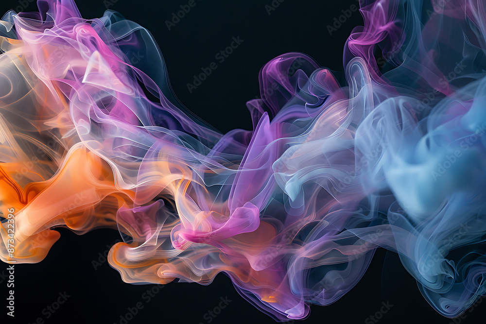 Floating smoke-like shapes in various colors on a black background, creating an ethereal and mesmerizing visual effect. Floating smoke-like shapes in various colors on a black background, creating an ethereal and mesmerizing visual effect.