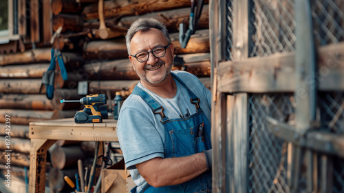 A man standing in his workshop, preparing to work on upcycling old furniture, surrounded by tools and materials.