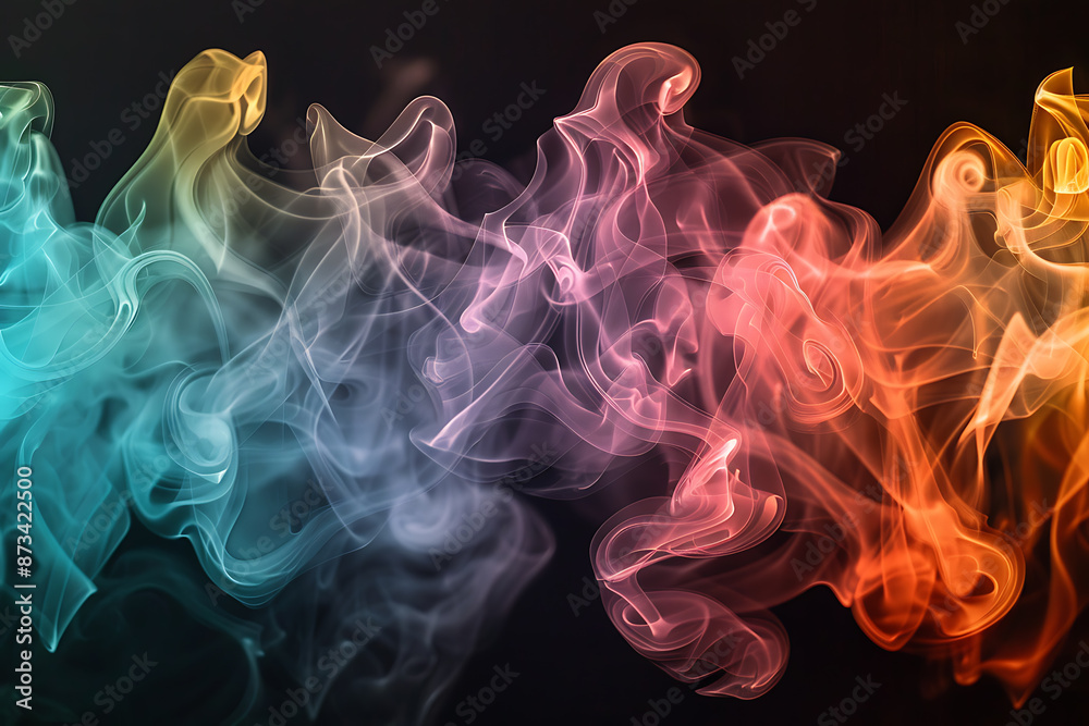 Floating smoke-like shapes in various colors on a black background, creating an ethereal and mesmerizing visual effect. Floating smoke-like shapes in various colors on a black background, creating an ethereal and mesmerizing visual effect.