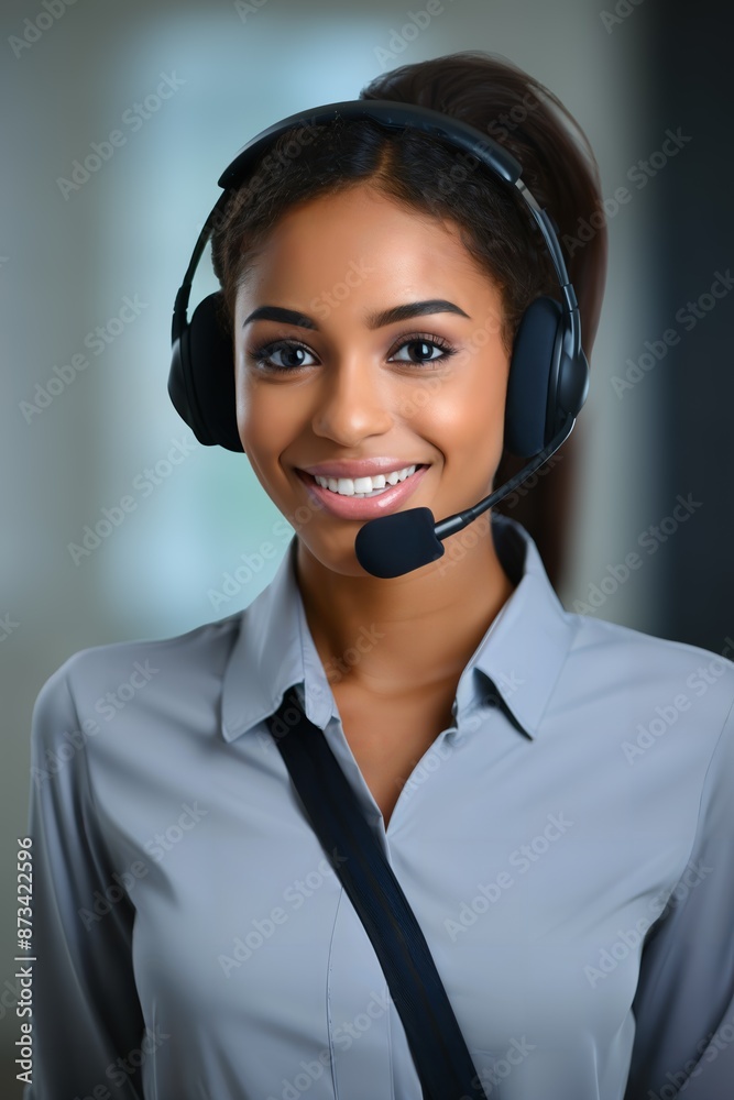 A friendly customer service representative wearing a headset smiles at the camera, ready to assist. She is dressed in a professional grey shirt. A friendly customer service representative wearing a headset smiles at the camera, ready to assist. She is dressed in a professional grey shirt.
