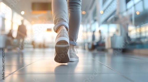 Woman's Feet in Motion as She Walks Through a Bright,Minimalist Corridor