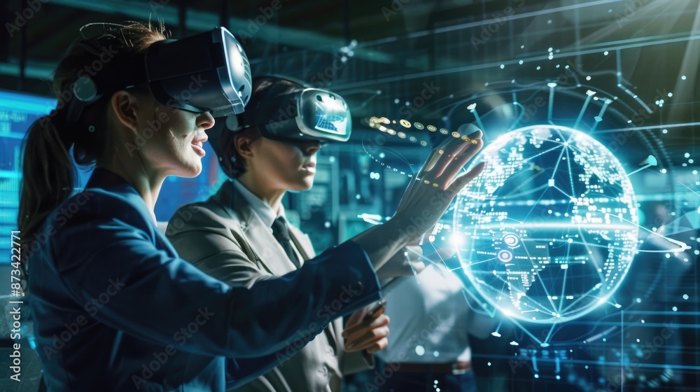 Two business professionals wearing VR headsets interact with a digital globe, showcasing the future of technology and collaboration. Two business professionals wearing VR headsets interact with a digital globe, showcasing the future of technology and collaboration.