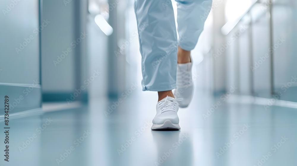 Fototapeta premium Doctor Running Urgently Through Hospital Hallway With Medical Scrubs and Shoes