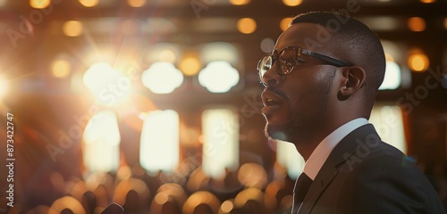 Man Speaking at a Formal Event in a Grand Hall