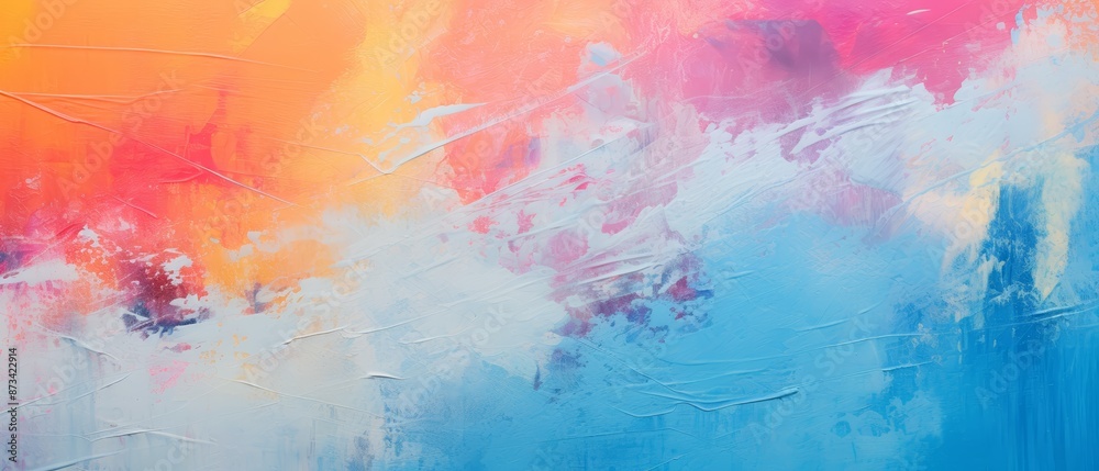 This is a vibrant abstract painting with bold blends of orange, pink, and blue hues, creating a dynamic and energetic visual experience. This is a vibrant abstract painting with bold blends of orange, pink, and blue hues, creating a dynamic and energetic visual experience.