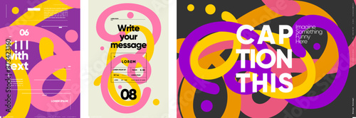 A set of vibrant posters featuring customizable text areas and captions, ideal for modern marketing campaigns. The designs incorporate bold colors and abstract shapes.