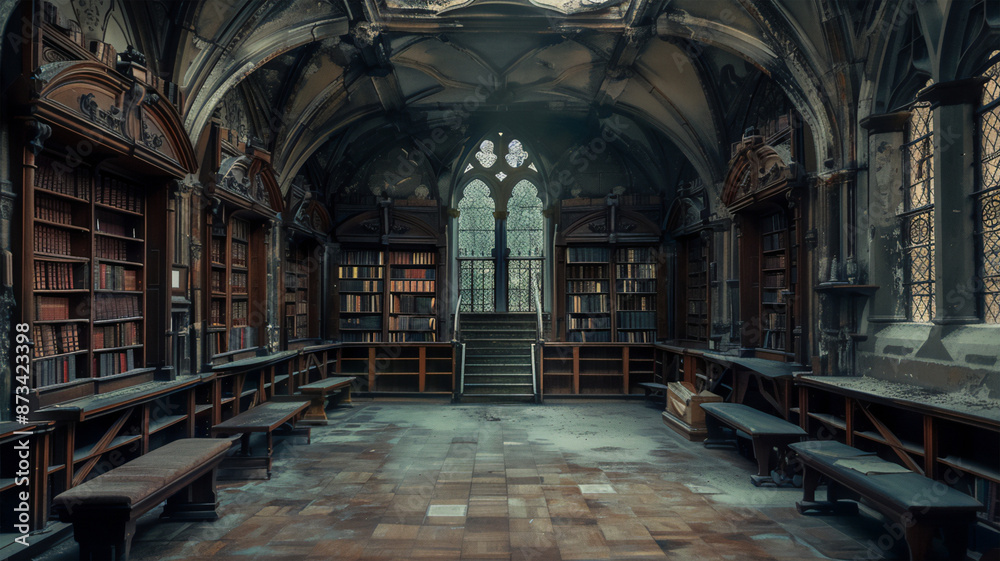 Abandoned old library with dusty bookshelves, scattered books on the table, faded paintings on the walls, a worn-out carpet on the floor, and dim lamps creating a gloomy atmosphere of neglect. Abandoned old library with dusty bookshelves, scattered books on the table, faded paintings on the walls, a worn-out carpet on the floor, and dim lamps creating a gloomy atmosphere of neglect.