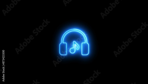 Glowing neon lights headphones animation footage,colorful music notes and sound wave,dark brick wall background,glowing signboard, music concept