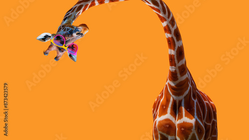 Cool, curious giraffe wearing a colorful sunglasses looks funny into the camera, isolated on yellow background.