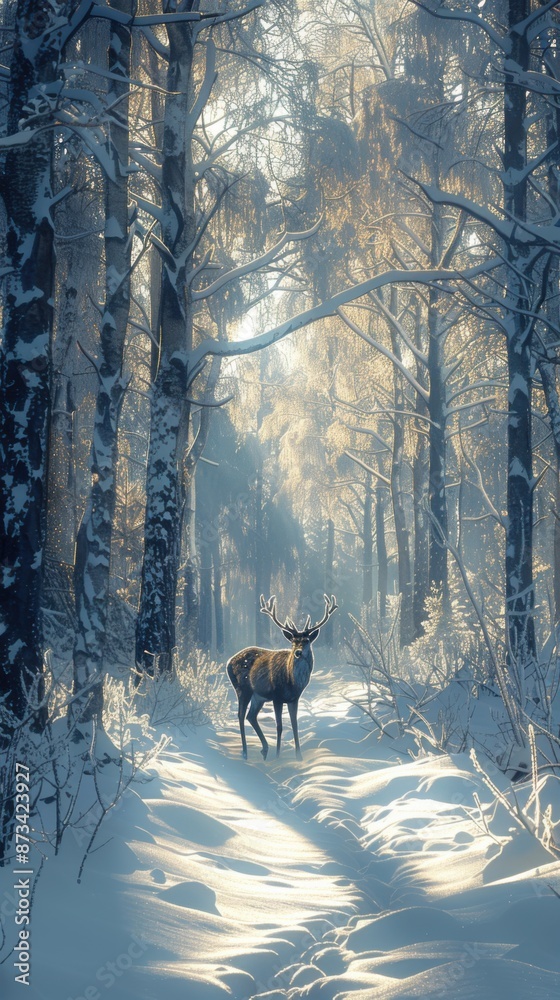 Deer that is walking through the snow, winter forest Deer that is walking through the snow, winter forest