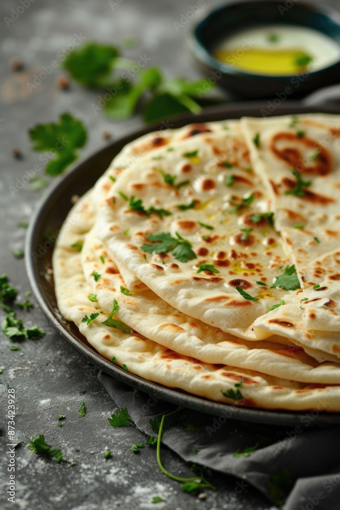 A plate of flatbread with parsley on top A plate of flatbread with parsley on top