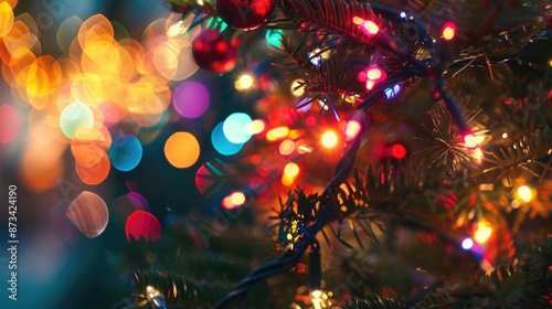 A Christmas tree with many lights and ornaments. The tree is lit up and the lights are of different colors © vefimov