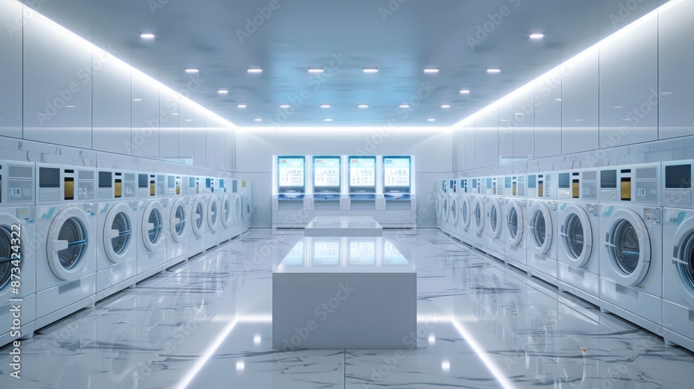 Advanced self-service washing and drying machines in a minimalist public laundry room. Advanced self-service washing and drying machines in a minimalist public laundry room.