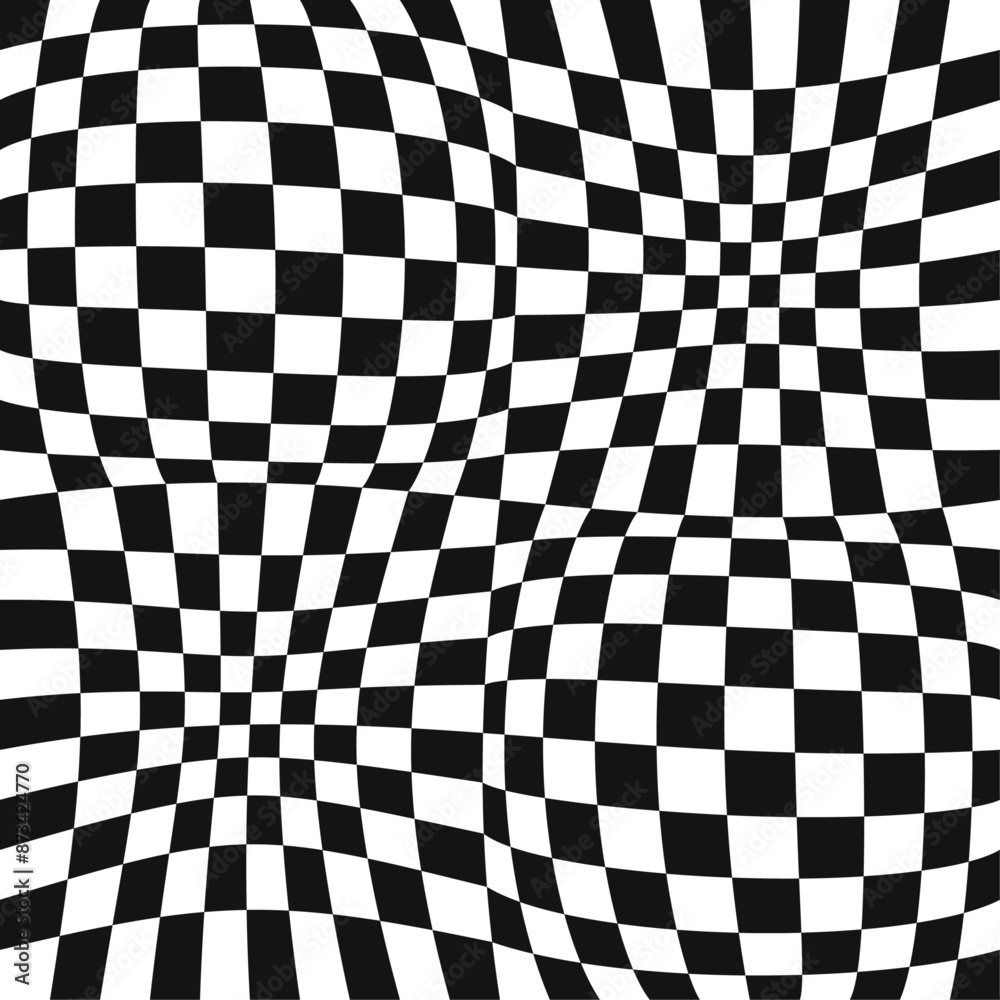 Background of black and white square cells, chess type. Checkered convex pattern. Background of black and white square cells, chess type. Checkered convex pattern.