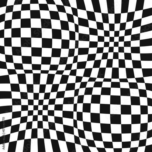 Background of black and white square cells, chess type. Checkered convex pattern. 