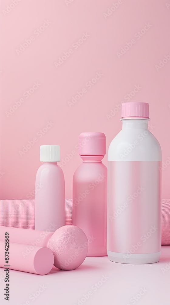 Three pink bottles and two pink dumbbells arranged on a pink background. Three pink bottles and two pink dumbbells arranged on a pink background.