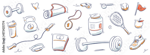 Sport gym sketch health icon set. Hand drawn sketch doodle healthy sport, gym fit exercise equipment icon.Doodle hand drawn tennis ball, bottle, dumbbell fit equipment. Vector illustration.