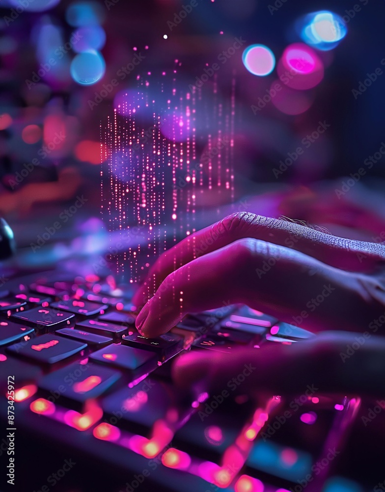 Close-up image of a cyber warrior's hand using a hi-tech holographic purple light keyboard on a mobile phone to fight in the cyber war. generative ai Close-up image of a cyber warrior's hand using a hi-tech holographic purple light keyboard on a mobile phone to fight in the cyber war. generative ai