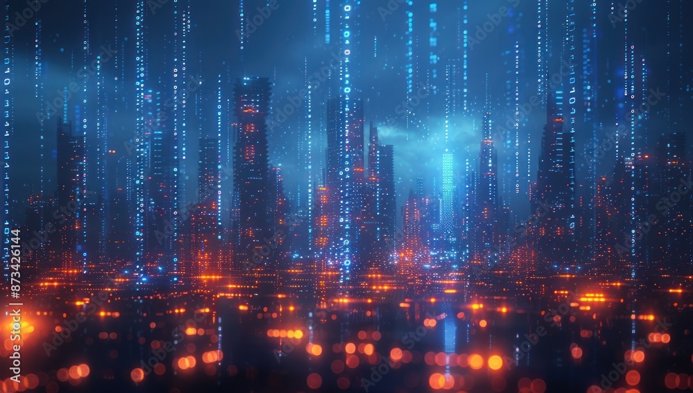 Cyberpunk Cityscape with Binary Code Rain Cyberpunk Cityscape with Binary Code Rain