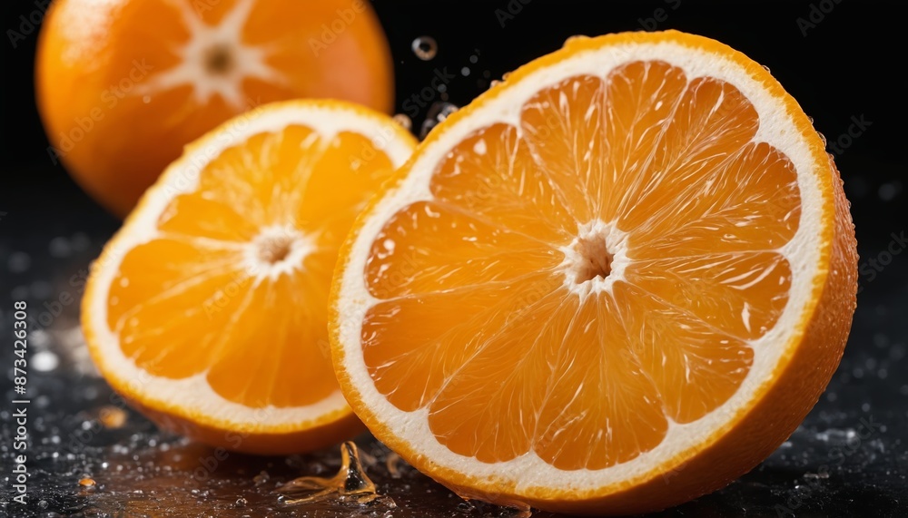 A symphony of sunshine: sliced oranges on a dark background A symphony of sunshine: sliced oranges on a dark background