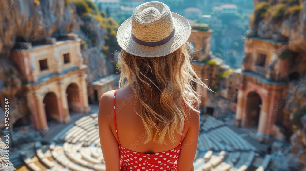 Naklejka premium Tourist Woman Exploring Aspendos in Antalya, Woman Admiring Ancient Theater in Aspendos..