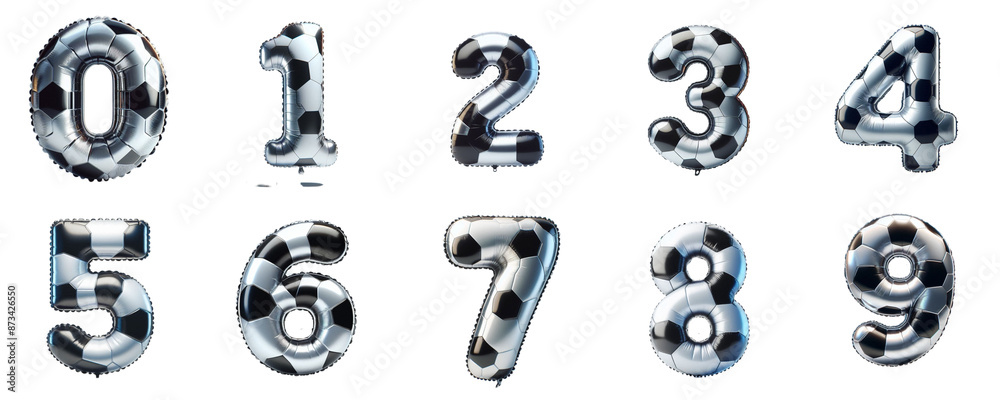 3D Render of soccer or football inflatable foil baloons set. Bright party decoration figures. white and black numbers isolated on white background. 3D Render of soccer or football inflatable foil baloons set. Bright party decoration figures. white and black numbers isolated on white background.
