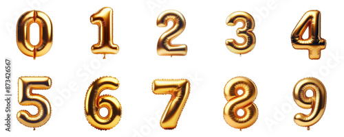 3D Render of Golden inflatable foil baloons set. Bright party decoration figures. Yellow numbers isolated on white background.	