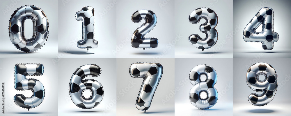 3D Render of soccer or football inflatable foil baloons set. Bright party decoration figures. white and black numbers isolated on white background. 3D Render of soccer or football inflatable foil baloons set. Bright party decoration figures. white and black numbers isolated on white background.