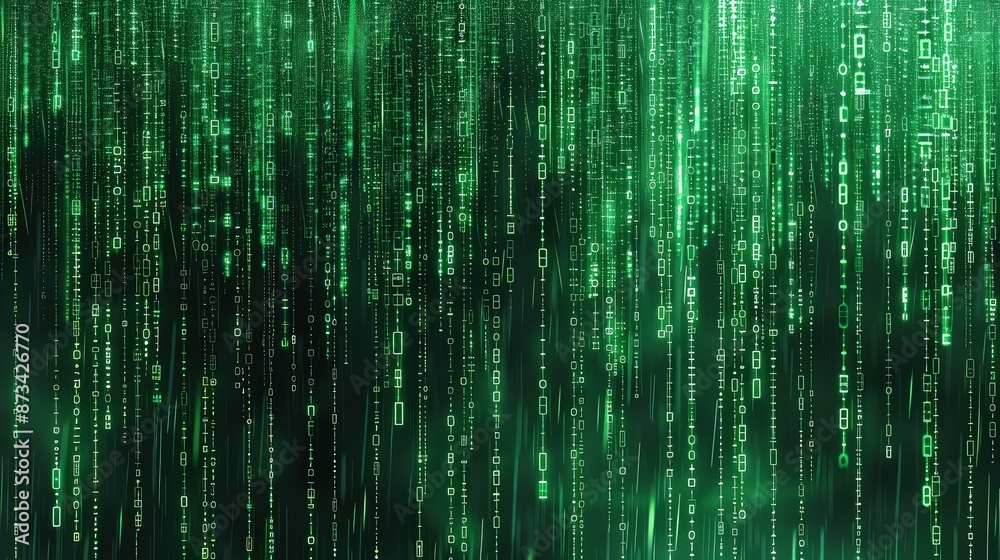 A backdrop of cascading digital rain, with neon green matrix-style code falling in waves, symbolizing the flow of information in the digital age.