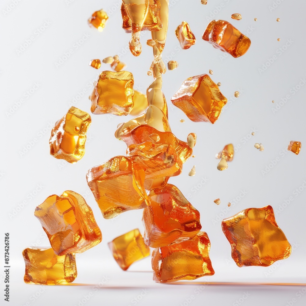 Amber color liquid splash and falling ice cubes. Amber color liquid splash and falling ice cubes.