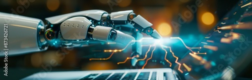 Futuristic Robotic Hand Typing On Laptop Keyboard In Blue And Red Lighting
