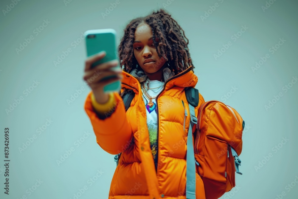 A woman in an orange jacket is taking a picture of herself with her cell phone. She is wearing a backpack and a necklace. Concept of casualness and self-expression A woman in an orange jacket is taking a picture of herself with her cell phone. She is wearing a backpack and a necklace. Concept of casualness and self-expression