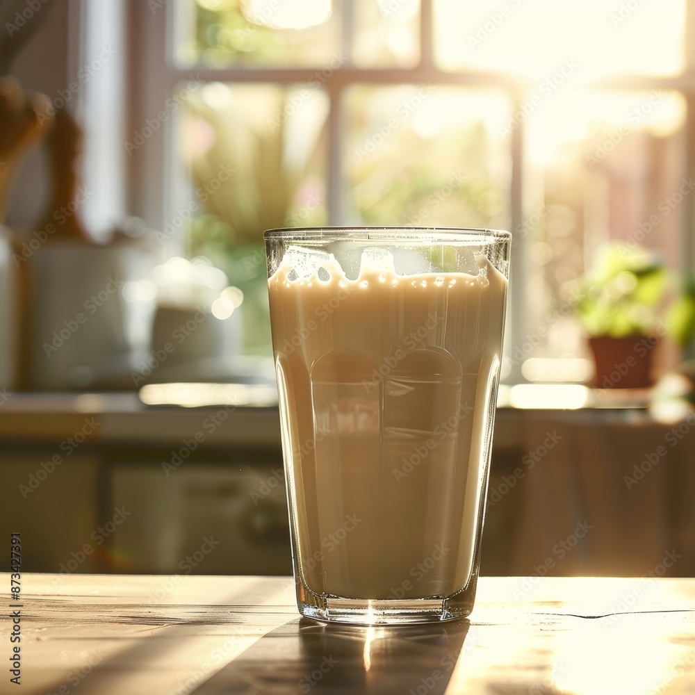 Fortified Milk Glass in Sunny Kitchen Window - Health and Nutrition Concept Fortified Milk Glass in Sunny Kitchen Window - Health and Nutrition Concept