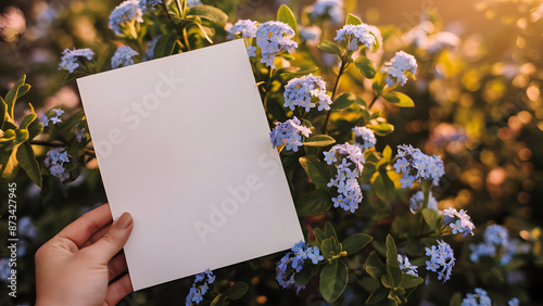  close-up view of a person holding a blank white sheet of paper with a 3:4 ratio against a background of bloo photo