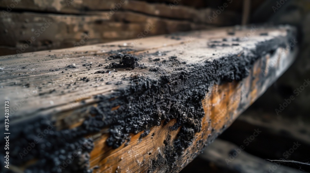 Close-Up of Black Mold on Wooden Beam in Damp Environment Highlighting Structural Damage Close-Up of Black Mold on Wooden Beam in Damp Environment Highlighting Structural Damage