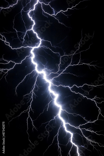 Massive lightning bolt isolated on dark black background, night thunderstorm. Flash of lightning on dark sky, light electric bolt. Poster. Illustration for create backdrop concept. Copy ad text space