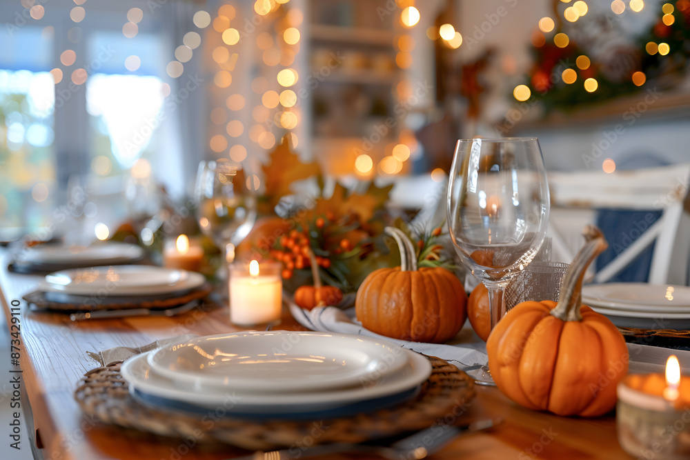 Fototapeta premium Thanksgiving dining table set up with soft lighting, blurred background, 