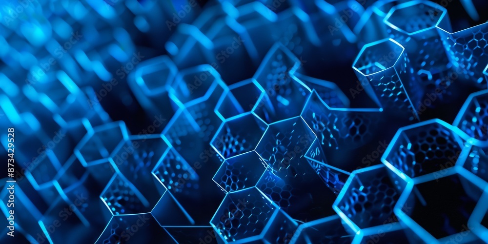 Obraz premium Abstract background with honeycomb and dark blue tones, mesh pattern, glowing lines.