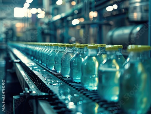 Bottles of water are being made on a conveyor belt. The bottles are clear and have yellow lids