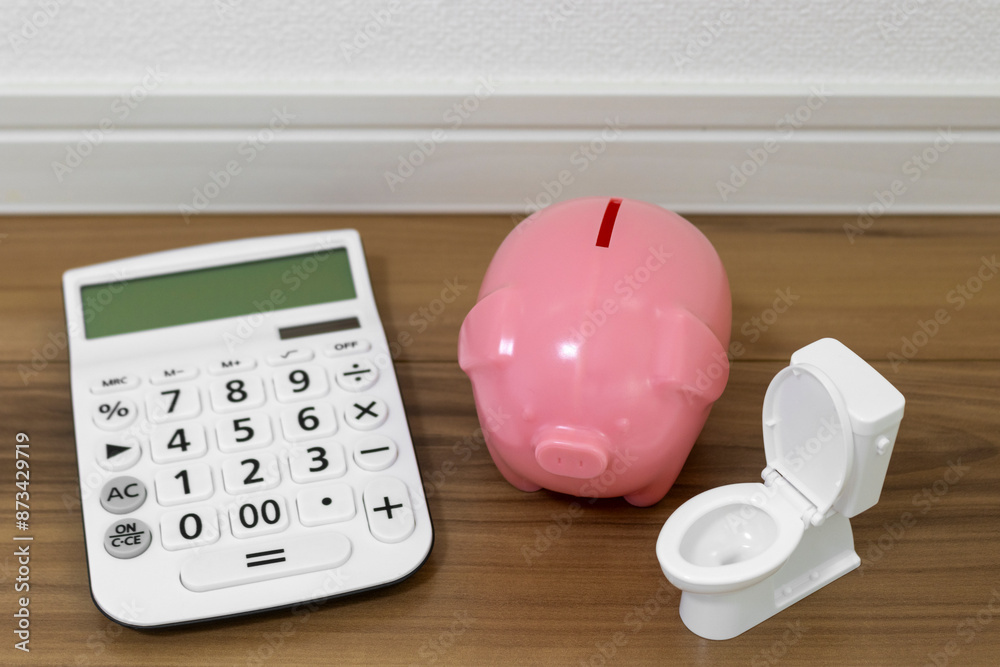 オモチャのトイレと貯金箱と電卓。水道料金イメージ